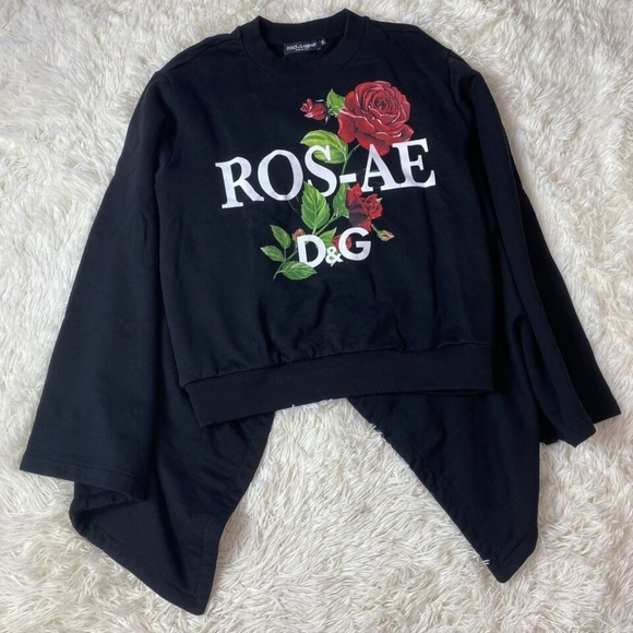 DOLCE & GABBANA Black Cotton Rose Print Drapy Batwing Sleeve Sweater Sweatshirt